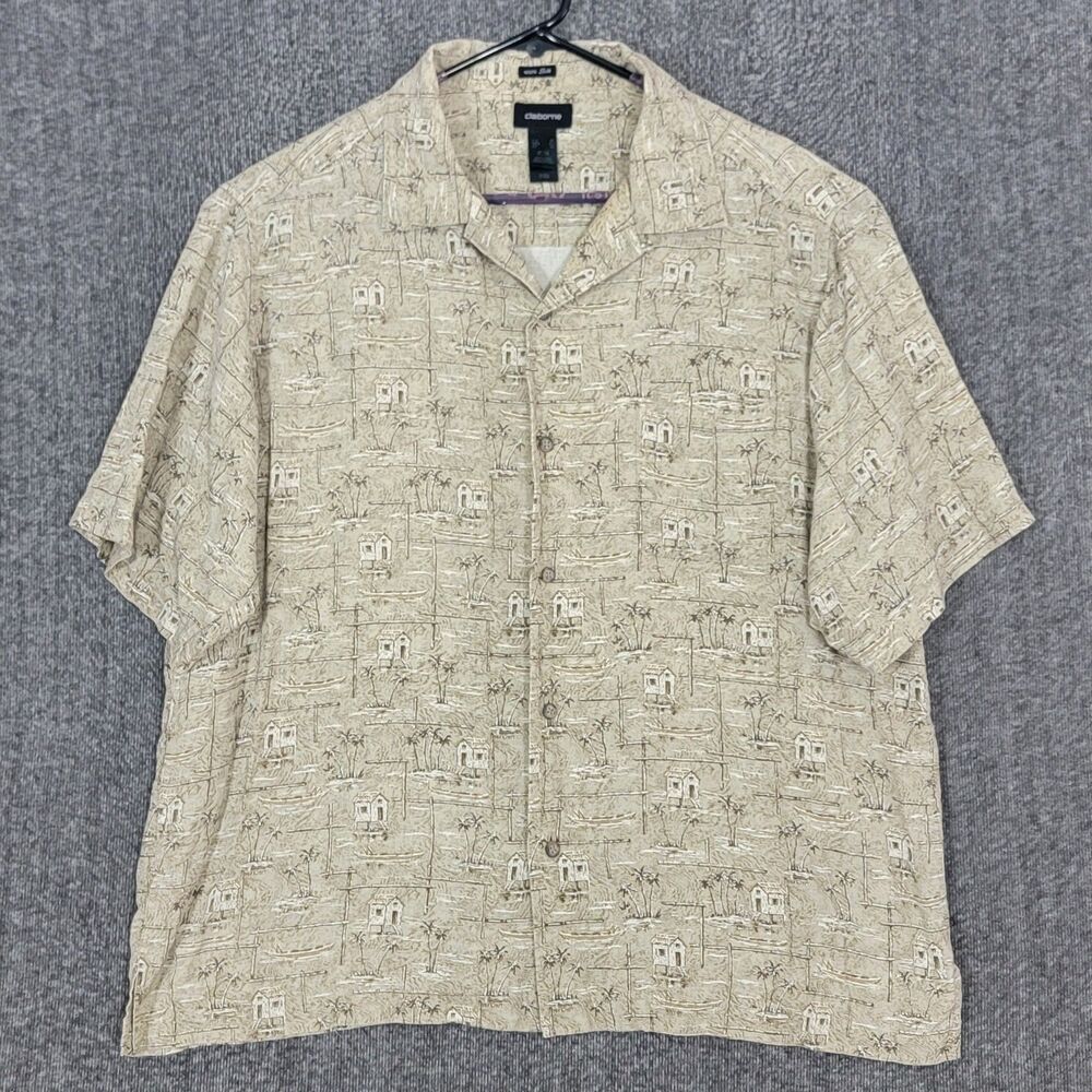 Claiborne Shirt Mens XL Tan 100% Silk Short Sleeve Button Up Palm Trees Cabins